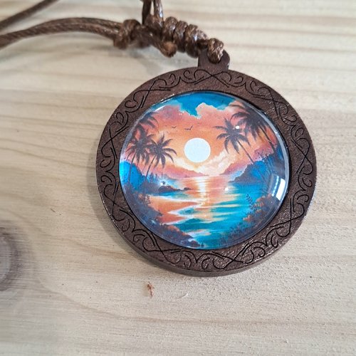 Collier femme  couché de soleil  cabochon bois