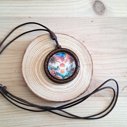 Collier cabochon bois, couché de soleil