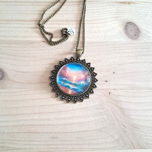 Collier cabochon métal bronze , couché de soleil