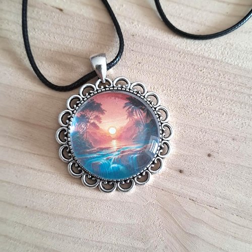 Collier cabochon métal argenté