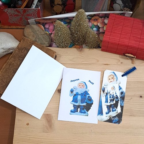 Carte et marque pages père noël bleu