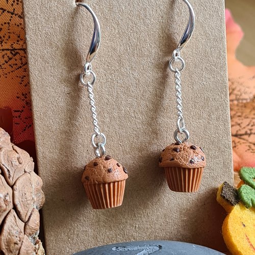 Boucles d'oreilles gourmandes muffins au chocolat sur crochets argent 925