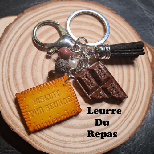 Porte-clés gourmand / bijoux de sac biscuit au beurre et plaque de chocolat croquées