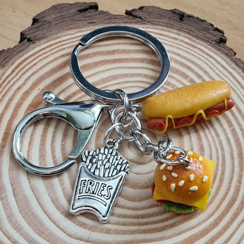 Bijou de sac hamburger et hot-dog en fimo / bijoux gourmands / porte-clés original