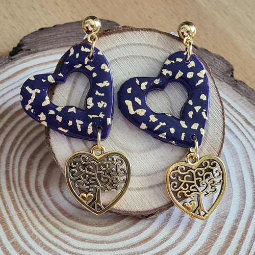 Boucles d'oreilles en forme de double cœur décoré de feuille d'or / bijoux de saint valentin