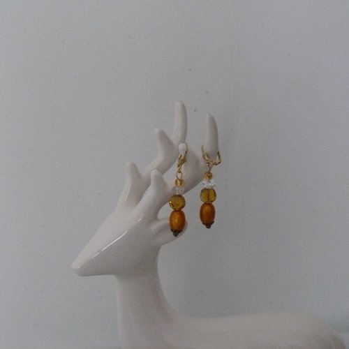 Boucles d'oreilles en perles de verre et cristal dans des tons transparent, ambre et jaune d'or