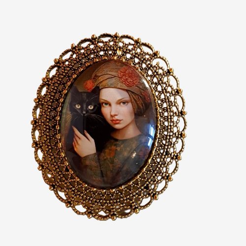 Broche romantique jeune femme au chat noir