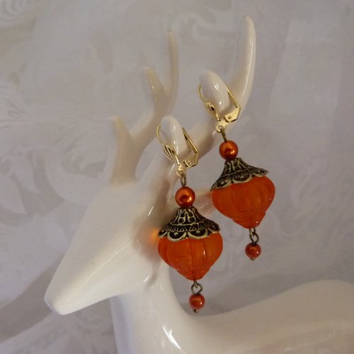 Boucles d'oreilles esprit oriental de couleur orange et bronze