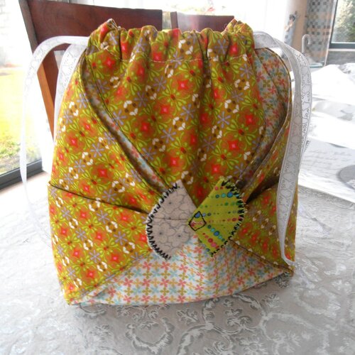 Sac pochon origami tissu fleuri vert