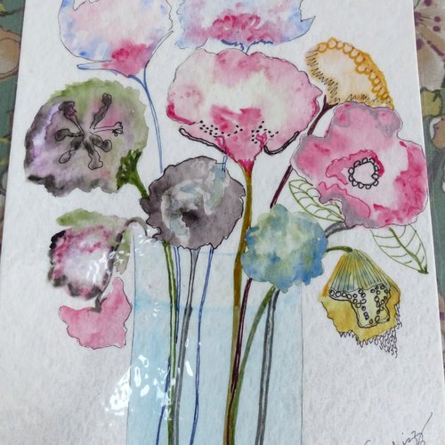 Aquarelle originale "bouquet fleurs vase"