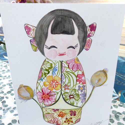 Aquarelle originale "poupee kokeshi 2" fleurie