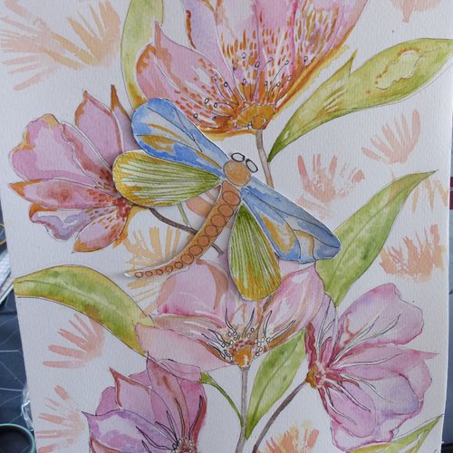 Aquarelle originale "libellule sur ses fleurs"