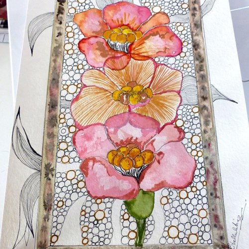 Aquarelle originale "3 fleurs" fond traits de crayon ronds