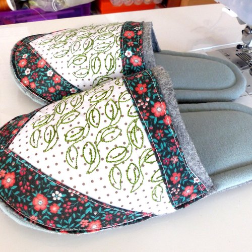 Mules femme t38 brodées "feuillage" et tons vert/orange