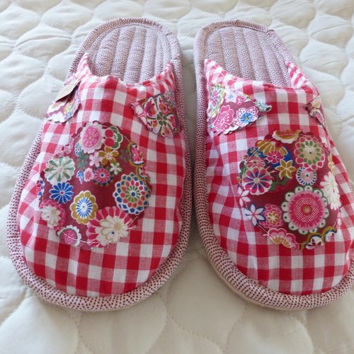 Mules femme t37-38 vichy rouge et appliqué