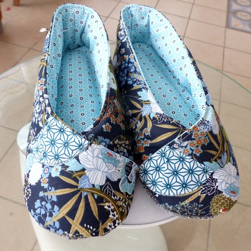 Chaussons femme kimono t39 fleuris bleu marine et turquoise