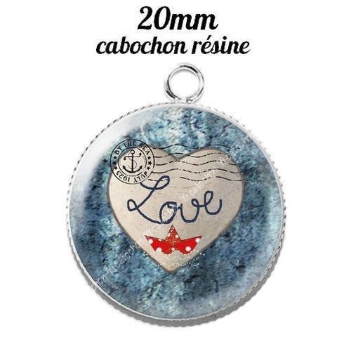 Pendentif cabochon résine 20 mm love coeur amour 14 