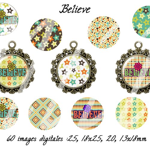 Téléchargement immédiat: images digitales pour cabochons à imprimer believe motifs retro