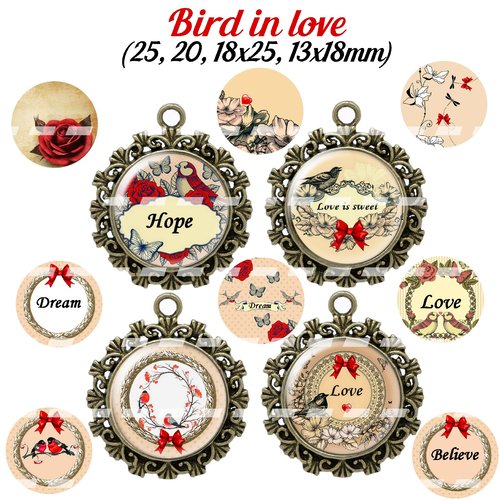 Téléchargement immédiat: images digitales pour cabochons à imprimer oiseaux amour