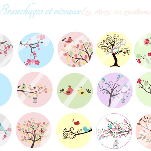 Téléchargement immédiat: images digitales pour cabochons à imprimer motifs branchages oiseaux