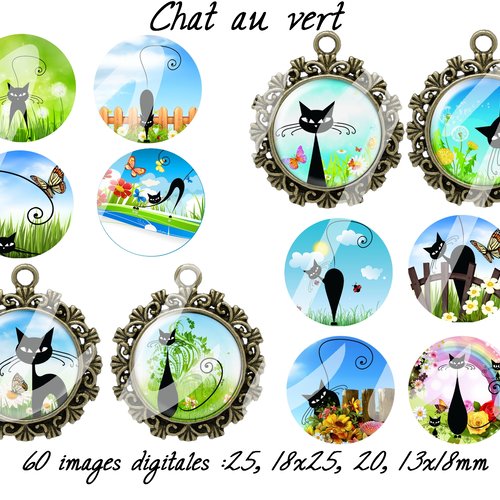 Téléchargement immédiat: images digitales pour cabochons à imprimer chat au vert