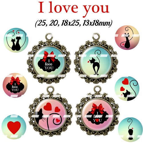 Téléchargement immédiat: images digitales pour cabochons à imprimer chat i love you
