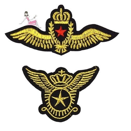 Set de 2 écussons brodés thermocollants royal air force gold wings raf patches 9,5 cm et 8 cm