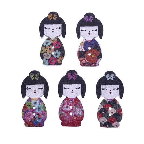 20 jolis boutons poupées japonaises multicolores en bois 3 cm - 2 trous