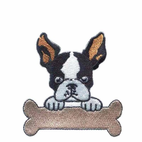 Patch brodé chien, patch bouledogue français avec os, écusson thermocollant pour customisation, 6,5 cm