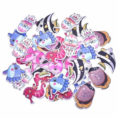 25 boutons poissons, animaux marins, étoiles de mer,  projets couture, boutons scrapbooking