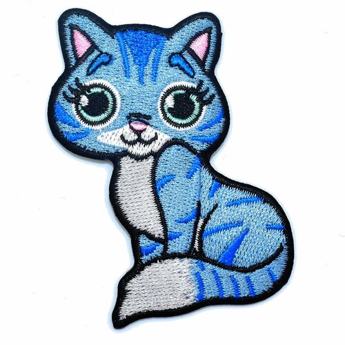 Patch brodé  chat bleu, écusson thermocollant chatte pour customisation de vêtements et accessoires, 7 cm