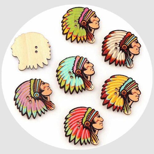 20 boutons chef indien en bois, amérindiens, pour projet couture boutons scrapbooking  3 cm