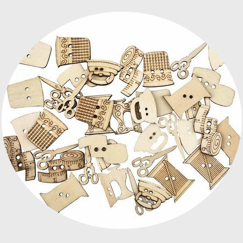 25 boutons couture en bois, bobine, pelote de laine, mètre, fer à repasser pour projets couture, scrapbooking, 2 trous