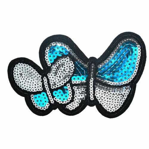 Patch 2 papillons avec sequins papillons entrelacés bleu turquoise et argenté, écusson brodé thermocollant paillettes  11,8 cm