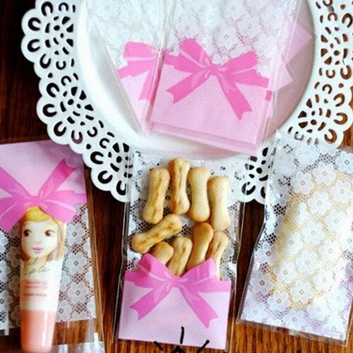 50 sachets dentelles, ruban rose, 10 x 7 cm, + 3 cm de rabat, pochette cadeau, emballage biscuits cookies