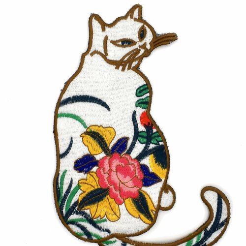 Grand patch chat et fleur, écusson à coudre pour customisation de vêtements, 20,5 cm