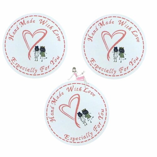 50 étiquettes fait main avec amour, stickers adhésifs pour vos créations, stickers labels coeur 3,5 cm