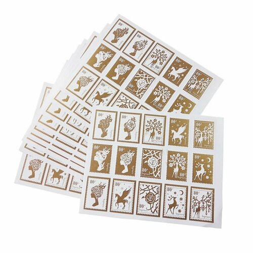 X 75 stickers timbres vintage  dorés, étiquettes emballages, courrier scrapbooking et fabrication de cartes