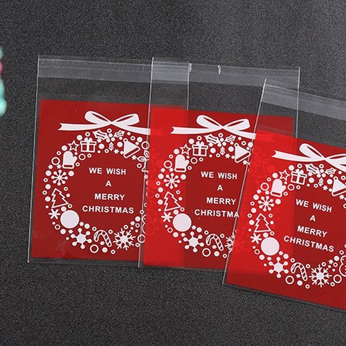 50 sachets noel, sachets cadeau adhésifs, sachets couronne de noël, sacs pour cookies, emballage cadeau