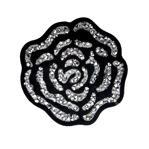 Ecusson  camélia, fleur noire en strass, patch fleur bijou pour customisation 7 cm