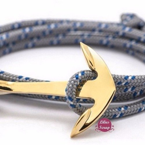 Bracelet ancre de marine dorée paracorde gris bracelet nautique homme / femme / ado
