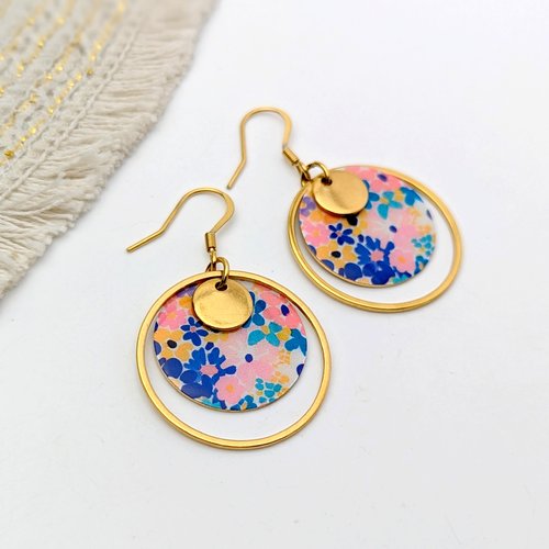 Boucles d'oreilles pendantes et rondes en acier inoxydable doré pour femme - collection naya fleurs aquarelle