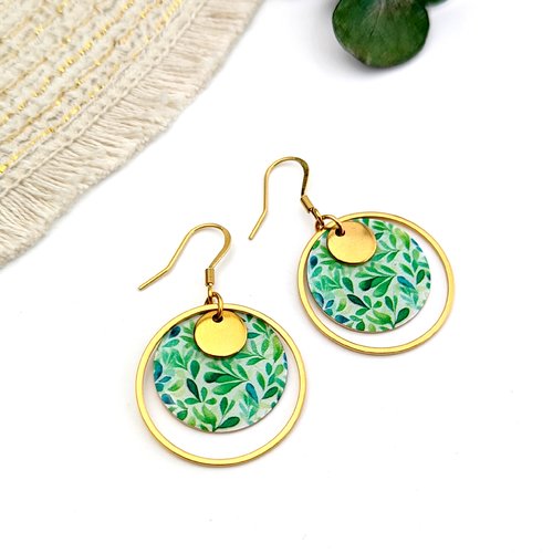 Boucles d'oreilles pendantes et rondes en acier inoxydable doré pour femme - collection naya feuilles