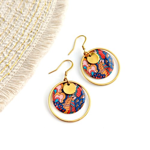 Boucles d'oreilles pendantes et rondes en acier inoxydable doré pour femme - collection naya paisley