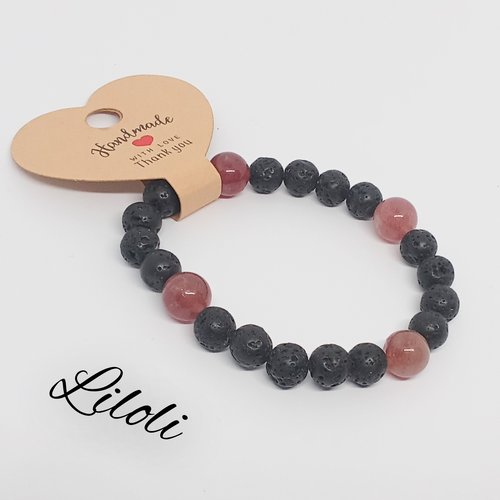 Bracelet perles de lave et quartz fraise