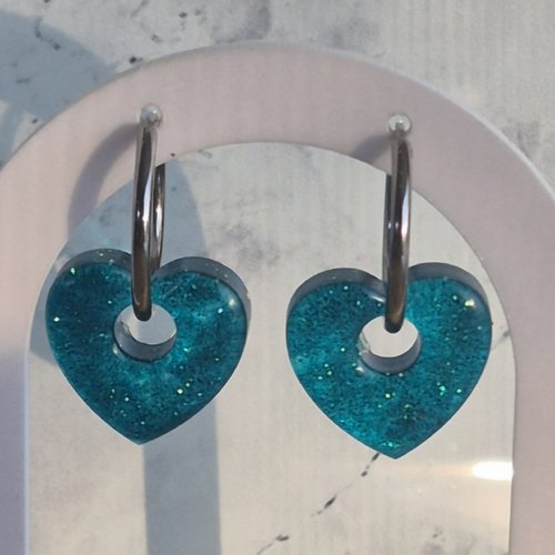 Boucles d'oreilles - pampilles cœurs vertes à paillettes