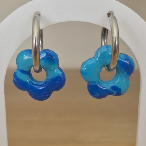 Boucles d'oreilles - pampilles fleurs duo de bleu