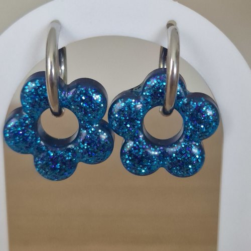 Boucles d'oreilles- pampilles interchangeables bleu à paillettes