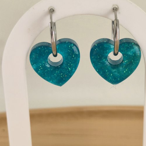 Boucles d'oreilles- pampilles cœurs vertes à paillettes