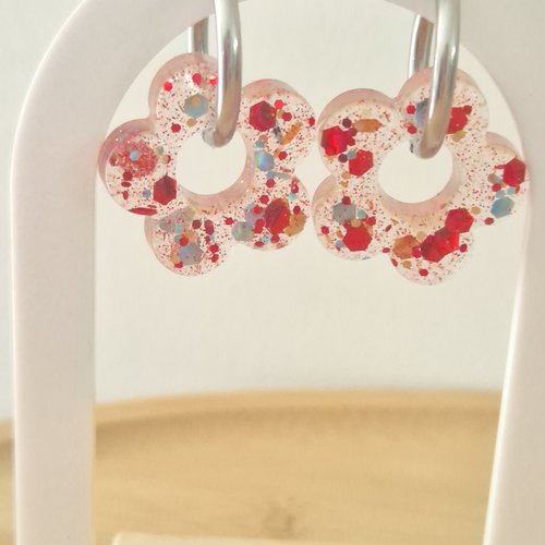 Boucles d'oreilles- pampilles fleurs multicolores à paillettes